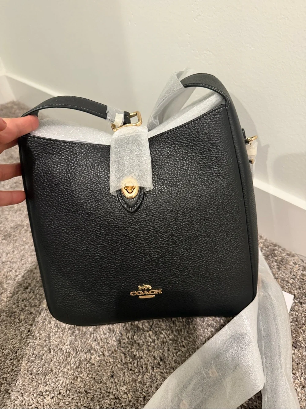 Coach Hadley Black Pebbled Leather Shoulder Bag with Gold Hardware